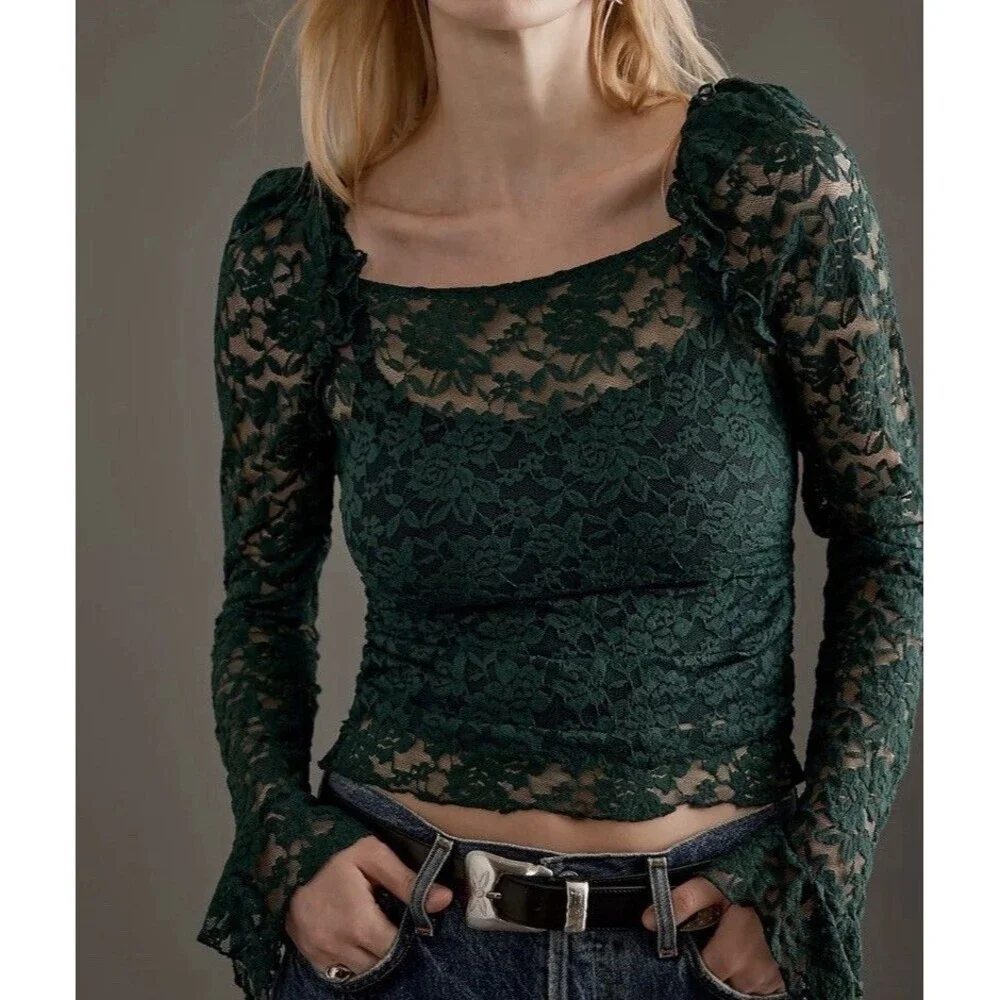 NWT Anthropologie Shirt Womes Sz XL Green Lace Long Sleeve Square Neck Top